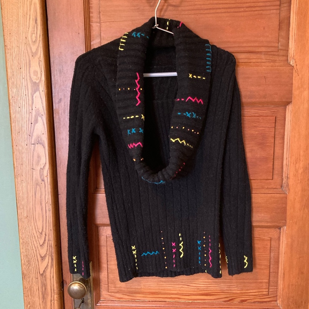 Black Sweater with hand-sewn Yarn Detailing (Size Small)